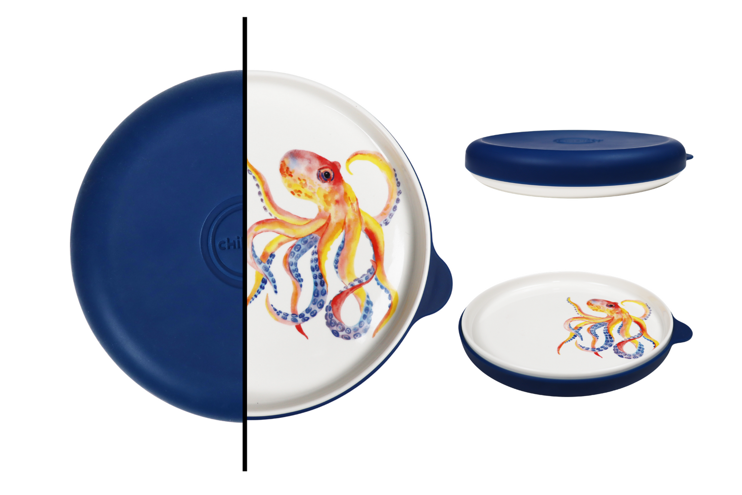 Set of ceramic plates with octopus design on a white background